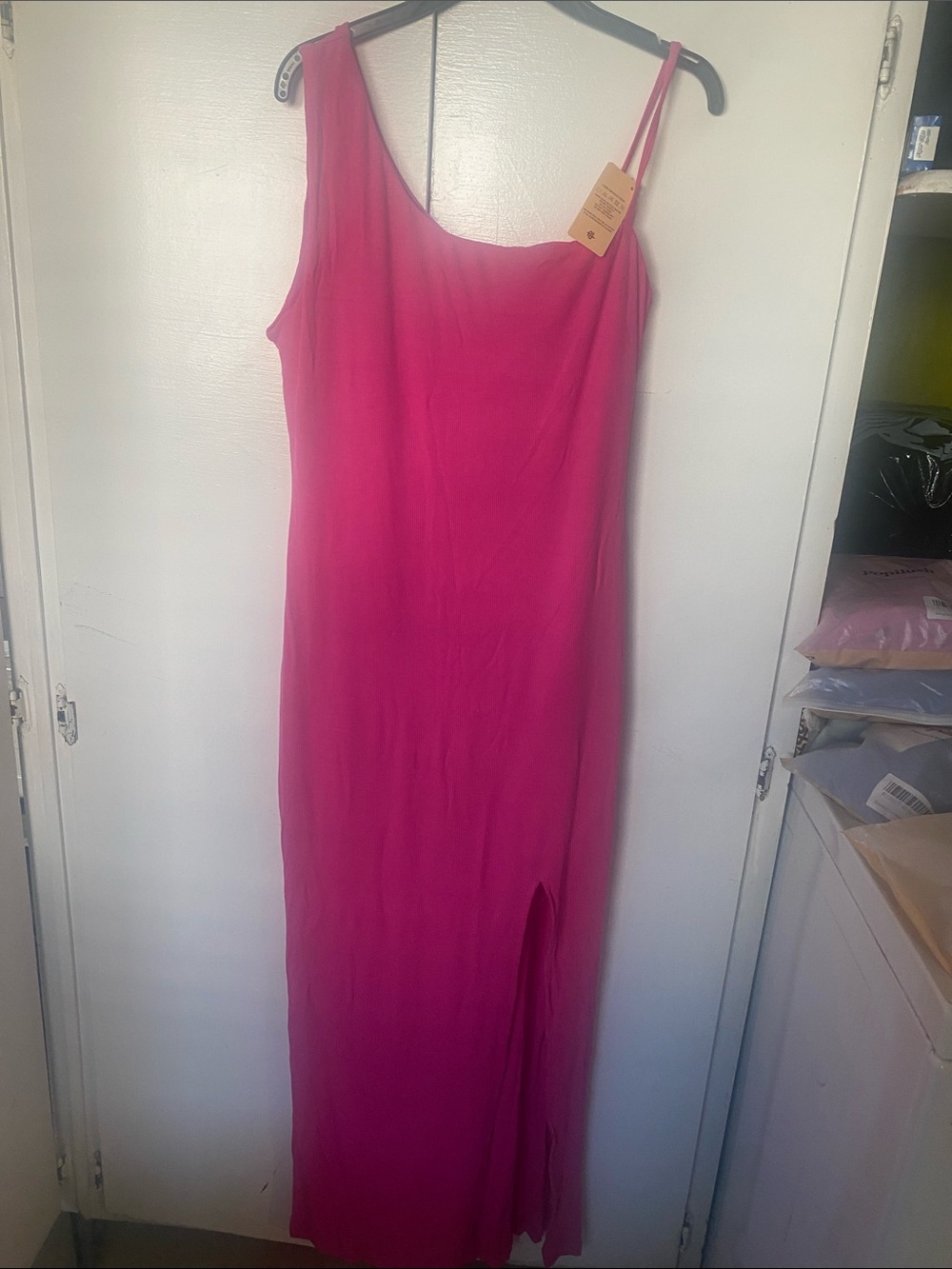 One-Shoulder Fuchsia Evening Slip Dress with Thigh Slit